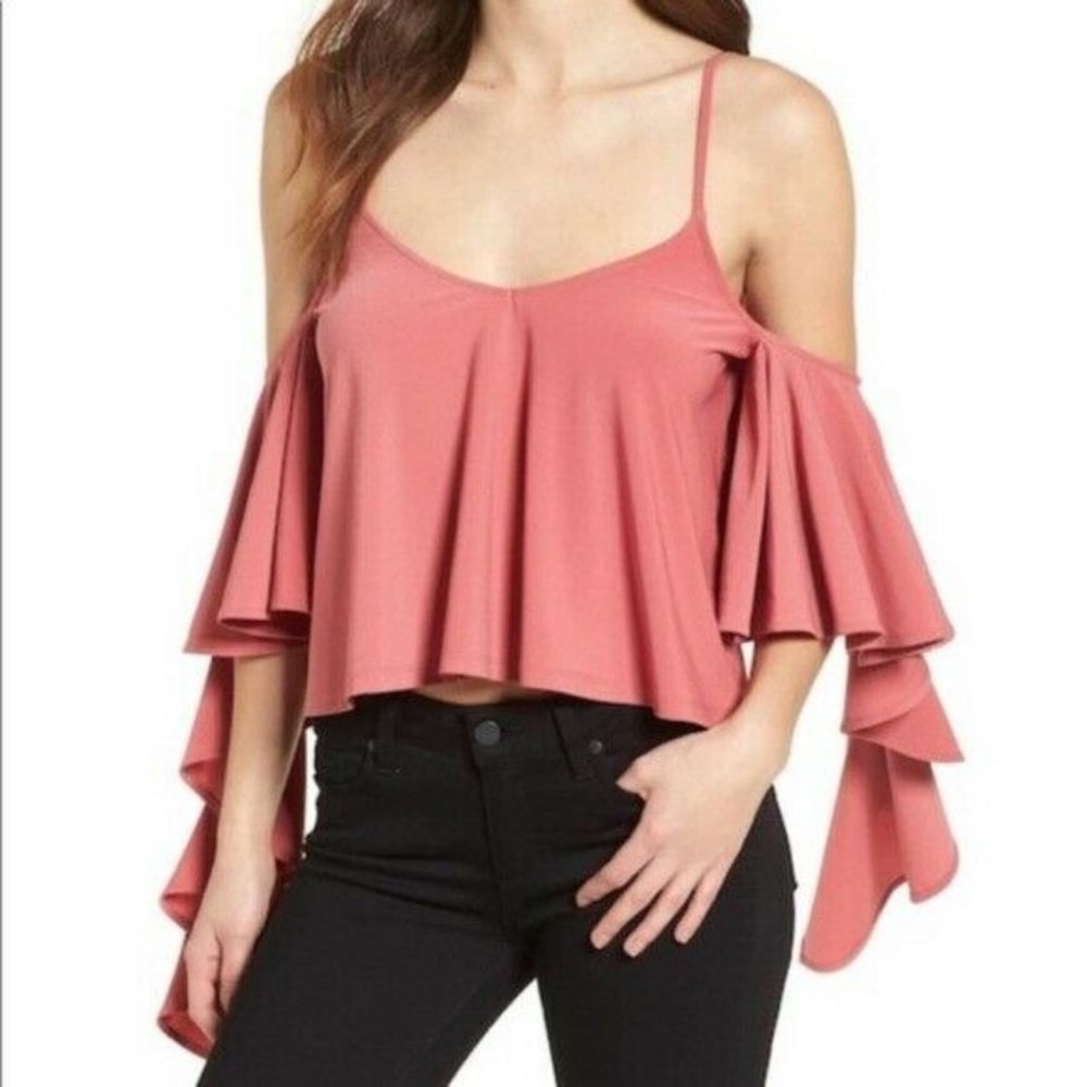 Leith Top‎ Blouse Tank Top L XL Pink Coral Cold Shoulder Ruffle Sleeve NWT Boho